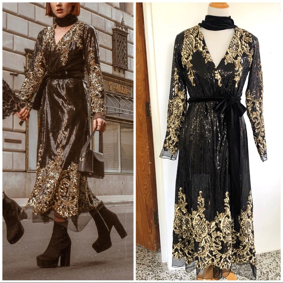 Nidodileda brand sparkle gold and black dress velvet tie at the neck and waist - Picture 1 of 11